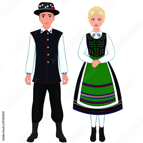 Woman and man in folk national Polish costumes. Vector illustration