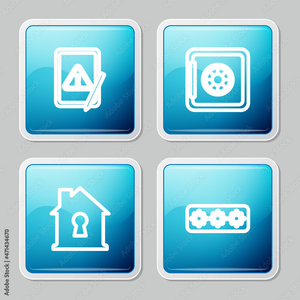 Set line Tablet with exclamation mark, Safe, House under protection and Password icon. Vector Set line Tablet with exclamation mark, Safe, House under protection and Password icon. Vector