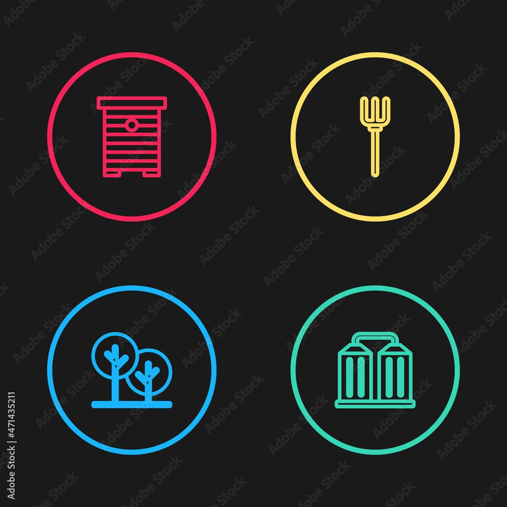 Set line Tree, Granary, Garden pitchfork and Hive bees icon. Vector Set line Tree, Granary, Garden pitchfork and Hive bees icon. Vector