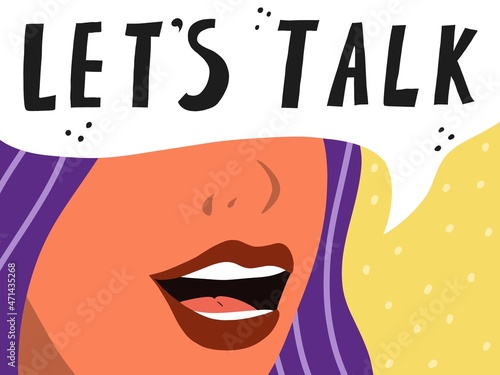 Let's talk speech bubble vector illustration pop art girl. Woman saying Let's talk. Business and Digital marketing concept for website and banners promotions. Pop art talking woman with colored hair.