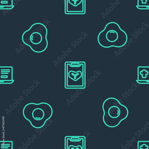 Set line Restaurant cafe menu, Scrambled eggs and Online ordering and delivery on seamless pattern. Vector