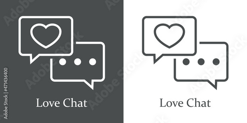 Logotipo con texto Love Chat con burbuja de habla con corazón y con puntos con líneas en fondo gris y fondo blanco photo
