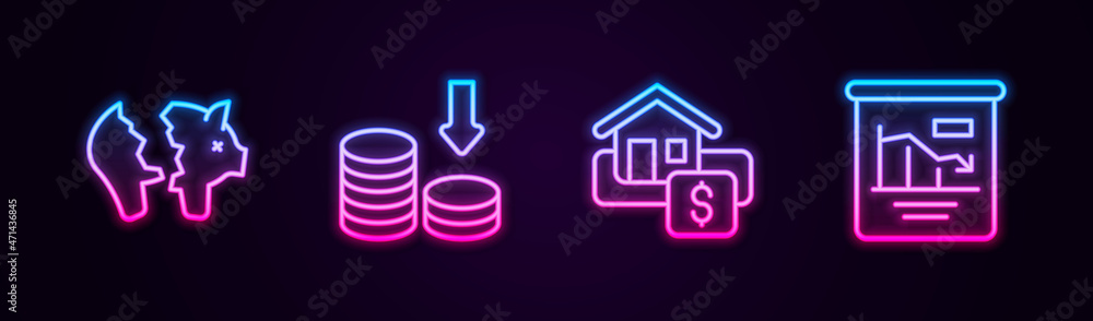 Set line Broken piggy bank, Dollar rate decrease, Hanging sign with Sale and Pie chart infographic. Glowing neon icon. Vector Set line Broken piggy bank, Dollar rate decrease, Hanging sign with Sale and Pie chart infographic. Glowing neon icon. Vector