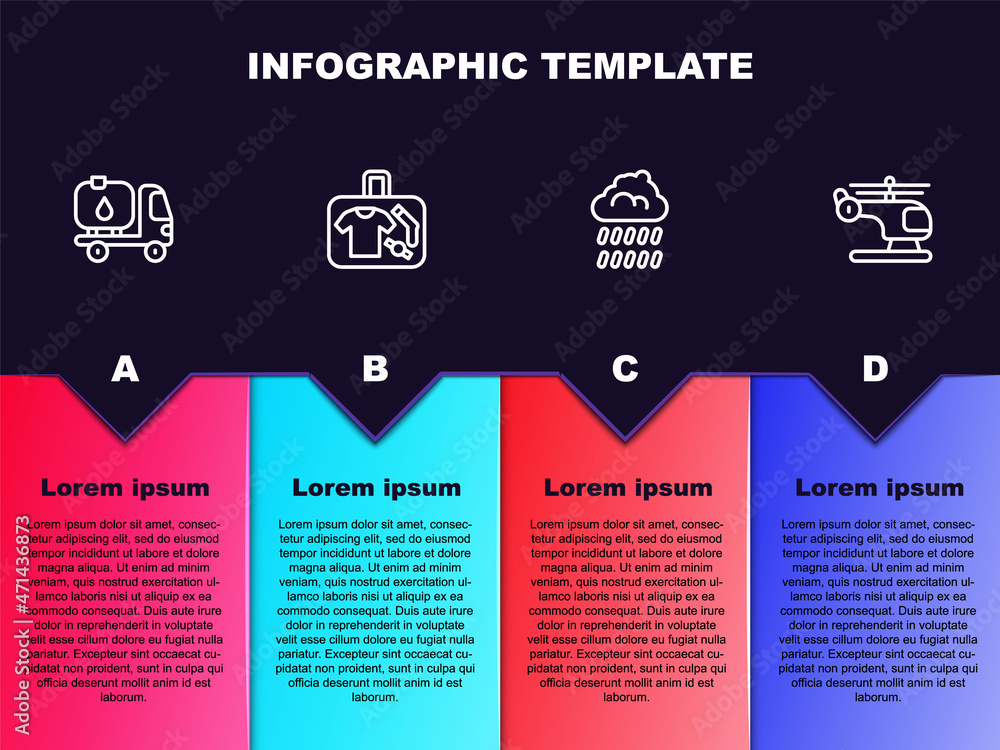 Set line Fuel tanker truck, Suitcase, Cloud with rain and Helicopter. Business infographic template. Vector Set line Fuel tanker truck, Suitcase, Cloud with rain and Helicopter. Business infographic template. Vector