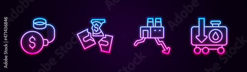 Set line Debt ball chained to coin, Tearing money banknote, Shutdown of factory and Drop crude oil price. Glowing neon icon. Vector