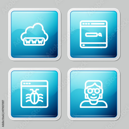 Set line Web development, Search engine, System bug and Hacker or coder icon. Vector