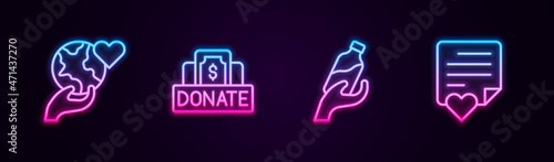 Set line Hand holding Earth globe, Donation charity, water and Envelope with heart. Glowing neon icon. Vector