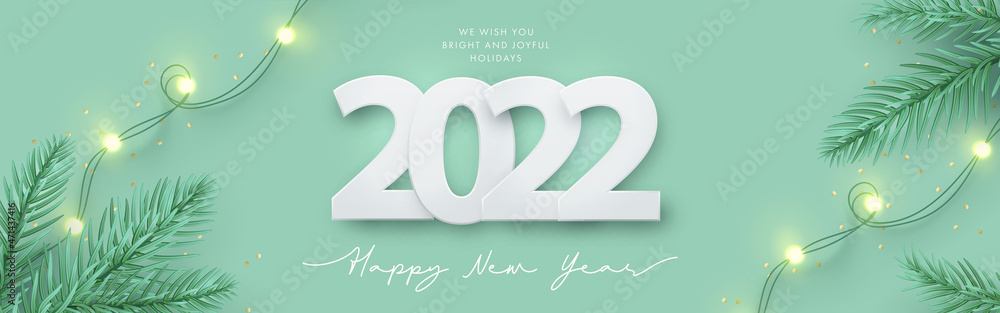 © Tanya - Happy New Year 2022 design. Light green background with paper cuted 2022, realistic pine branches and garland lights. Horizontal poster, greeting card, banner, website header in modern minimal style © Tanya - Happy New Year 2022 design. Light green background with paper cuted 2022, realistic pine branches and garland lights. Horizontal poster, greeting card, banner, website header in modern minimal style