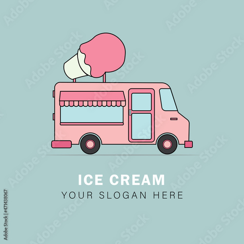 flat illustration of ice cream truck and market used for print, app, web, advertising, etc