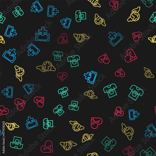 Set line Donation and charity, Animal volunteer, Hand holding Earth globe and Leaf heart on seamless pattern. Vector