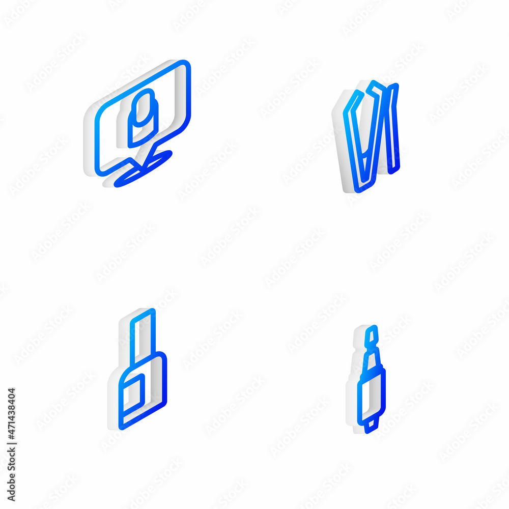 Set Isometric line Nail cutter, Manicure, Bottle of nail polish and Milling for manicure icon. Vector Set Isometric line Nail cutter, Manicure, Bottle of nail polish and Milling for manicure icon. Vector