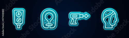 Set line Gauge scale, Life jacket, Fishing harpoon and Diving hood. Glowing neon icon. Vector
