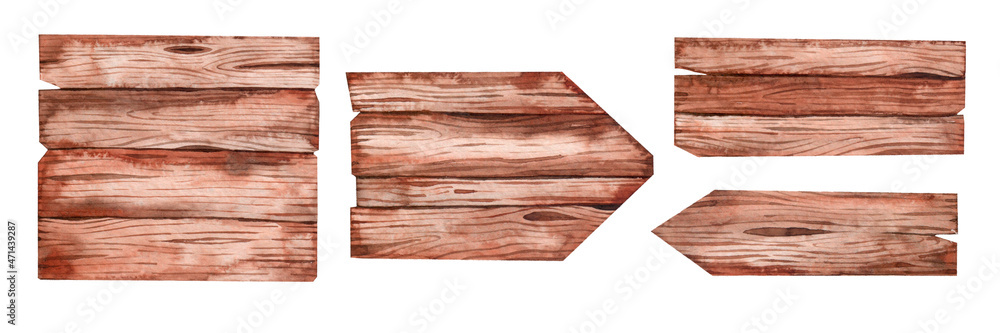 Naklejka premium Watercolor wooden sign boards set. Collection of hand drawn blackboards for text. Isolated on a white background. Rustic style.