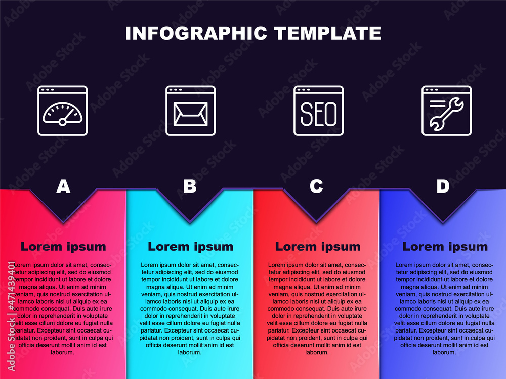 Fototapeta premium Set line Digital speed meter, Website and mail, SEO optimization and Browser setting. Business infographic template. Vector
