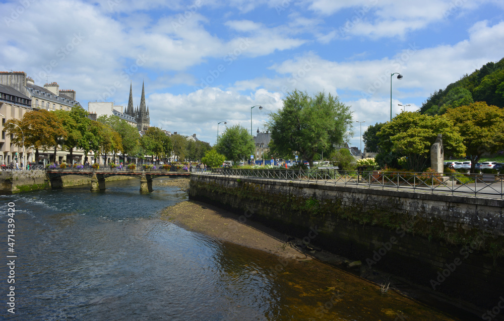 Quimper, France, river Odet and view to the city center with the cathedral