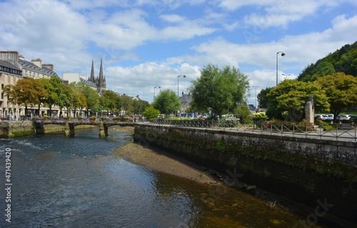 Quimper, France, river Odet and view to the city center with the cathedral