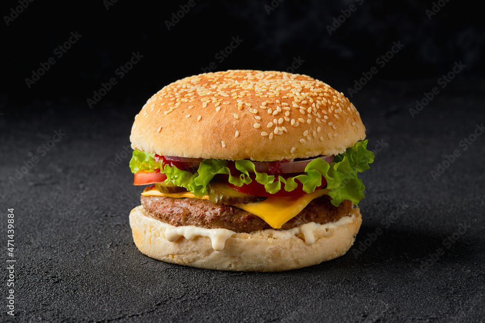 Fresh tasty burger on dark background. Cheeseburger with beef, tomato, pickles, lettuce and onion Fresh tasty burger on dark background. Cheeseburger with beef, tomato, pickles, lettuce and onion