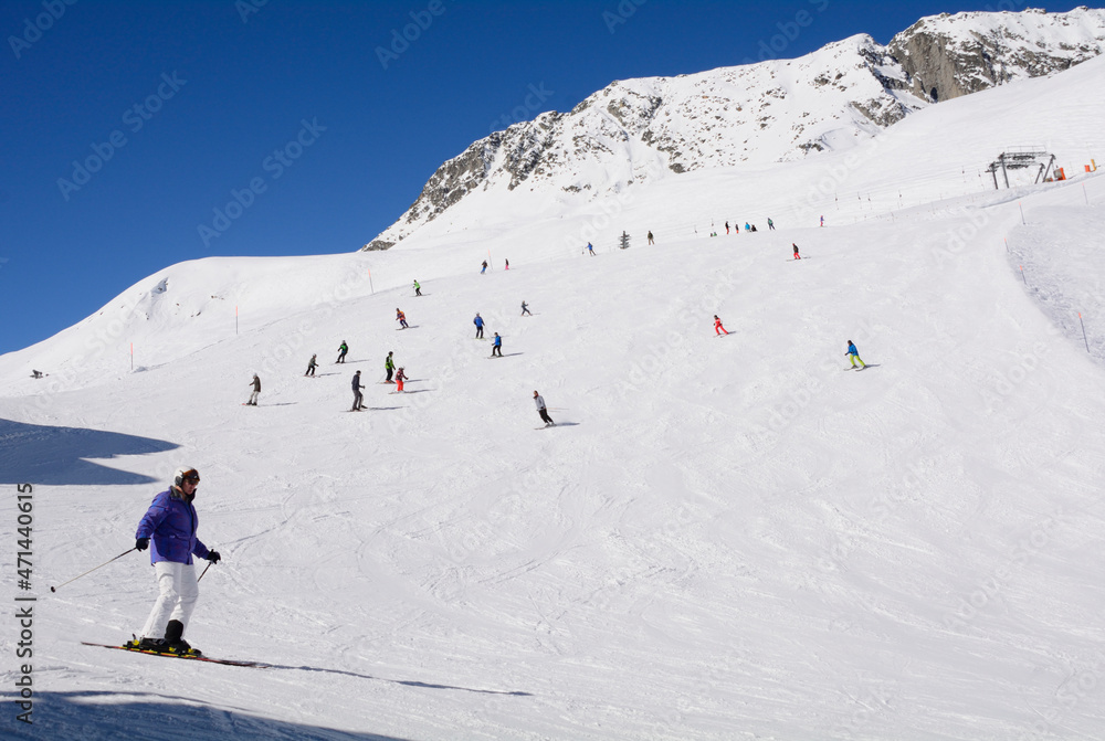 skiers on ski slopes, Fiescheralp - car free ski resort, accessble by cable car from Fiesch, UNESCO World Heritage site, Jungfrau-Aletsch Protected Area, Valais, Wallis, Switzerland, Europe