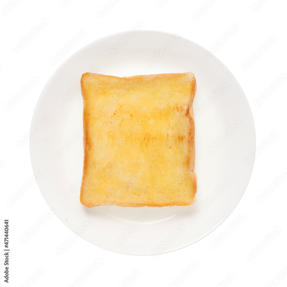 Slices toast bread in dish on white background
