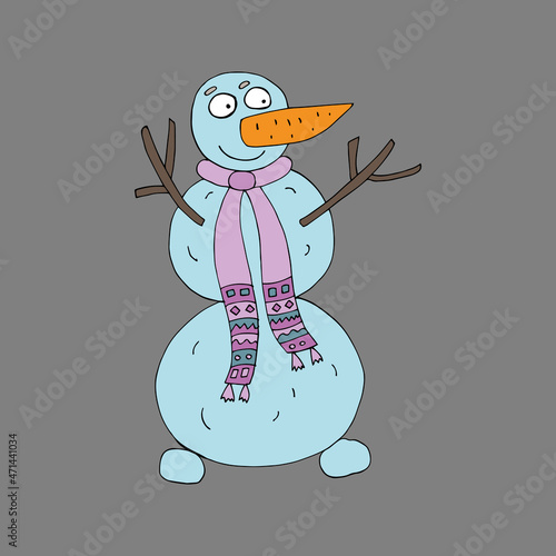 Vector character snowman. A funny snowman catches snowflakes. Snowman in a pink scarf and hat. The snowman has a carrot nose. Isolated. Coloring pages for children and adults. Drawn by hand. Cartoon.
