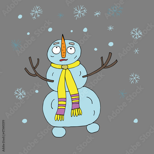 Vector character snowman. A funny snowman catches snowflakes. Snowman in a pink scarf and hat. The snowman has a carrot nose. Isolated. Coloring pages for children and adults. Drawn by hand. Cartoon.