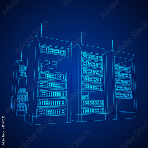 Data network server in cabinet. Diagnostic test in computer room technology communication computers and device concept. Wireframe low poly mesh vector illustration.