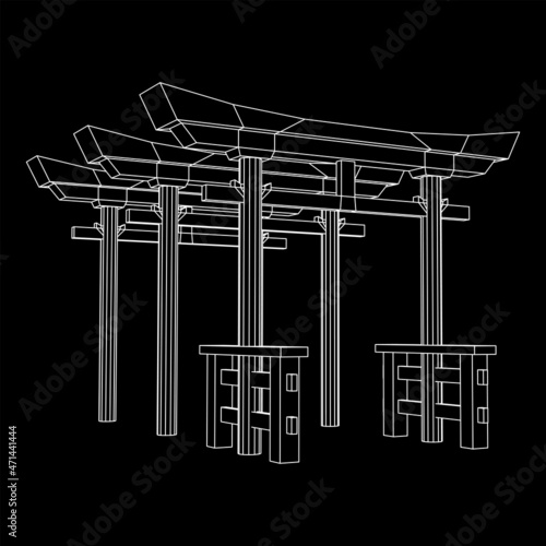 Torii sacred traditional gate. Symbol of Japan,shintoism religion. Japanese Tori arch ancient entrance. Wireframe low poly mesh vector illustration