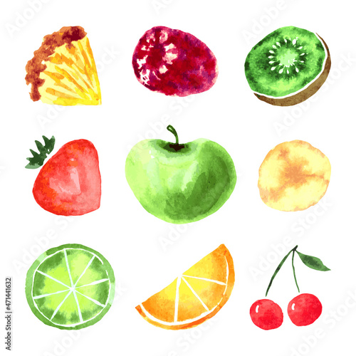 Set of fruits and berries isolated on white background. Loose watercolor technique.