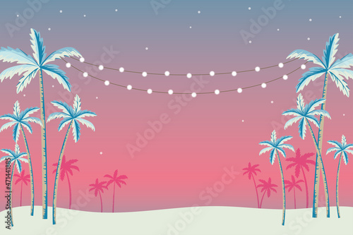 Vector tropical background illustration with palm tree and hanging party light