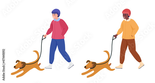Man walking with dog semi flat color vector character set. Posing figures. Full body people on white. Winter isolated modern cartoon style illustration for graphic design and animation bundle