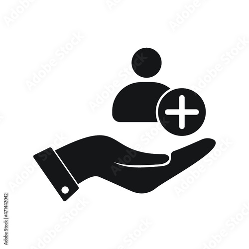 Patient icon. Customer icon with add, additional sign. Patient icon and new, plus, positive symbol. Patient, icon