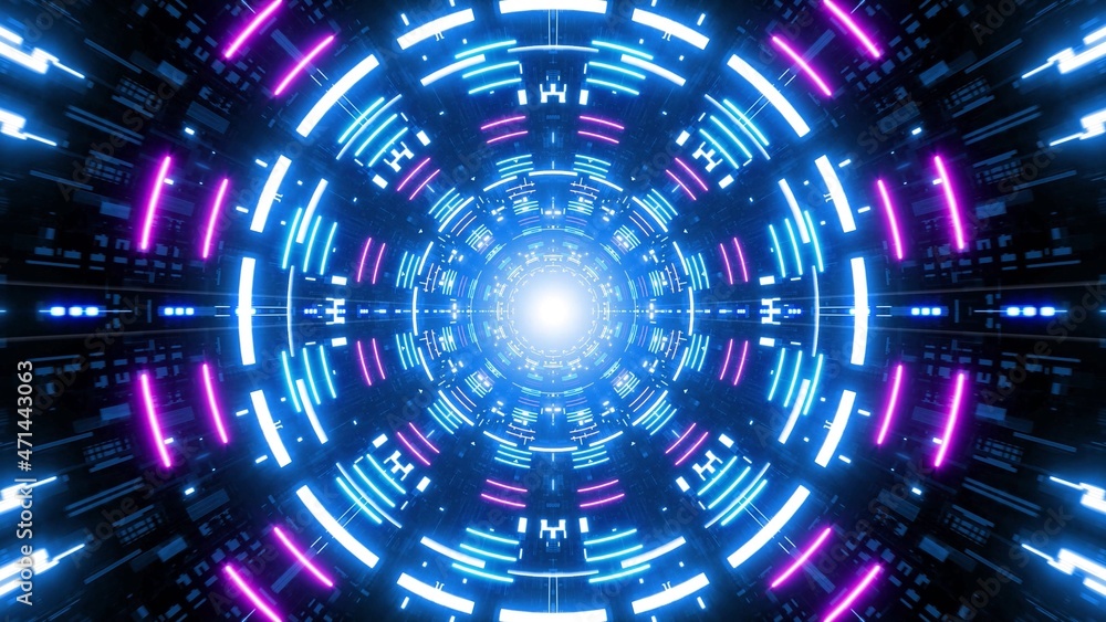 Obraz premium Glowing Blue Circle Lamp in the Multiple Neon Light Retro Style Sci Fi Tunnel