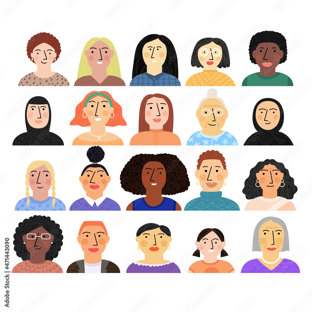 Fototapeta premium Collection set of diverse women portrait isolated on white background. Flat hand drawn female characters vector illustration. Group of multicultural different ethnicity people, avatar design