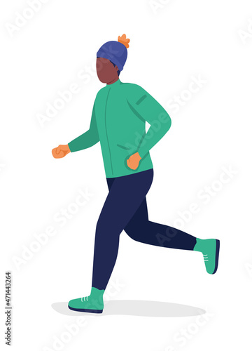 Running man in green coat semi flat color vector character. Posing figure. Full body person on white. Outdoor recreation isolated modern cartoon style illustration for graphic design and animation
