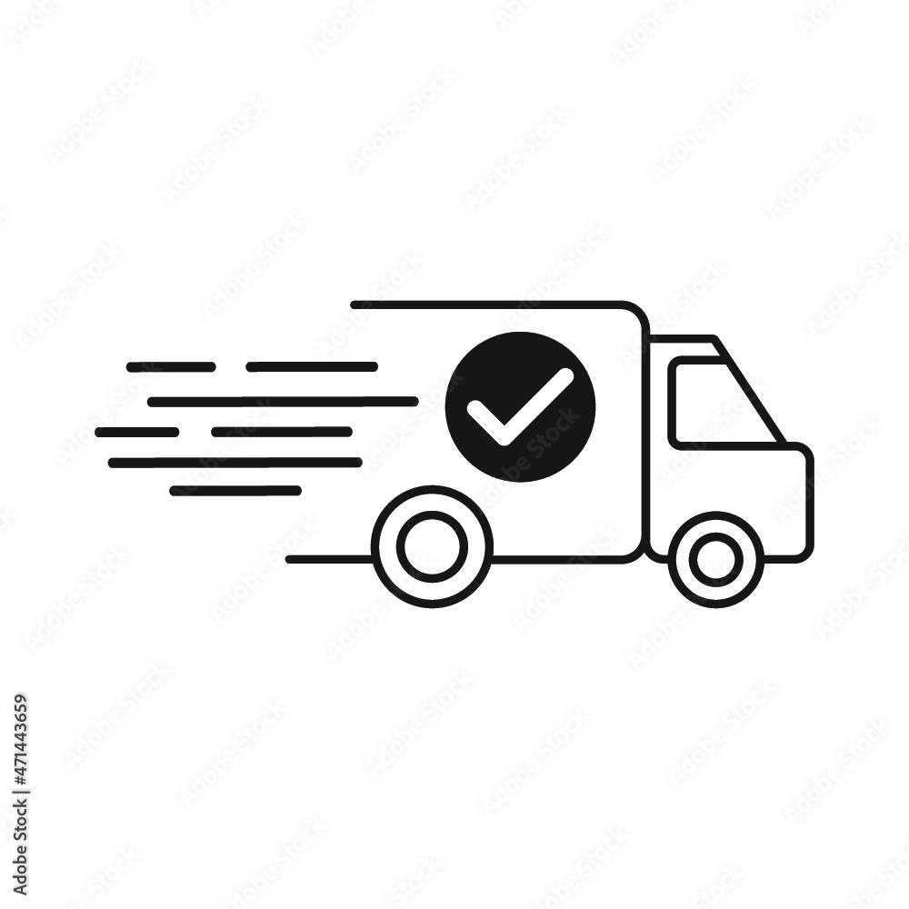 Fast shipping icon, delivery truck icon with check sign. Fast shipping icon and approved, confirm, done, tick, completed symbol.