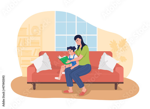 Encouraging kid to love reading 2D vector isolated illustration. Female parent reading book to daughter flat characters on cartoon background. Cognitive child development colourful scene