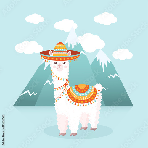 Cute llama in a sombrero against the background of mountains and clouds. Vector illustration for greeting card, poster, texture, textile, decor. Cartoon character alpaca.