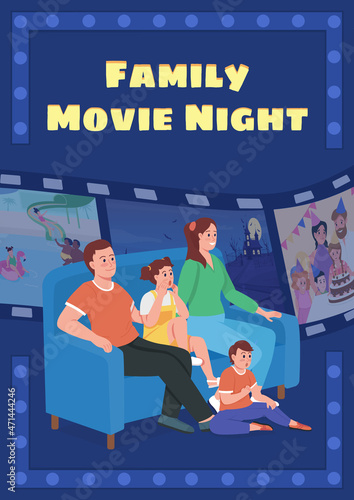 Family movie night poster flat vector template. Bonding activity. Brochure, booklet one page concept design with cartoon characters. Family-friendly movie marathon flyer, leaflet with copy space