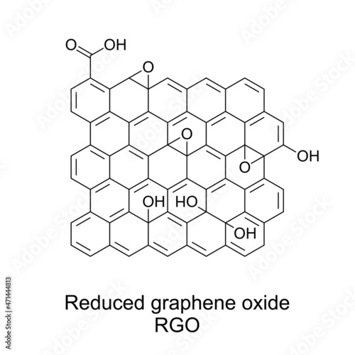 Reduced graphene oxide, RGO, chemical formula and structure. A nanomaterial, made by the reduction of graphene oxide. A single-atomic layered material, arranged in a two-dimensional honeycomb lattice.
