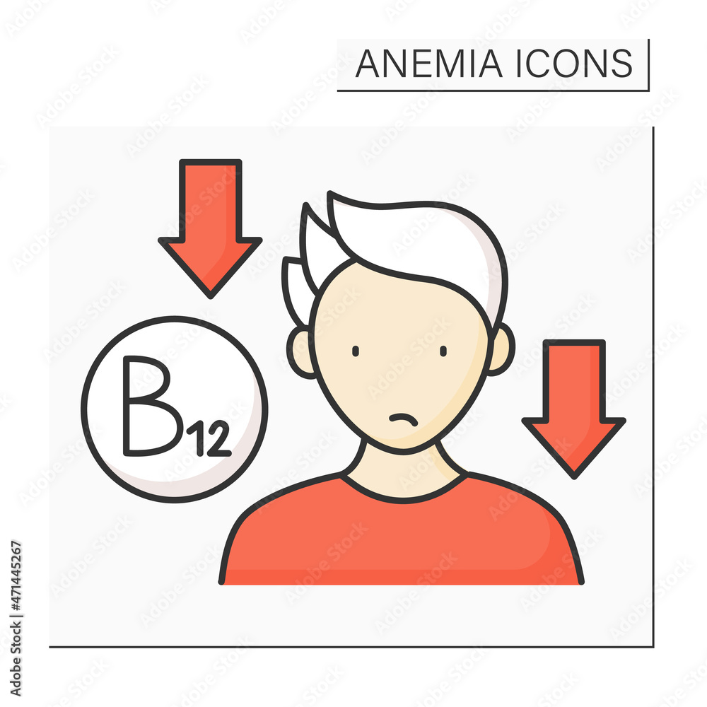 Anemia color icon. Low influence of vitamin B12 on man. Disease
