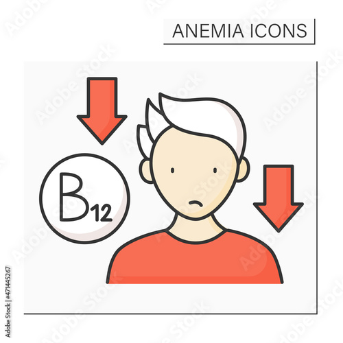Anemia color icon. Low influence of vitamin B-12 on man. Disease symptom. Health protection. Anemia disease concept. Isolated vector illustration