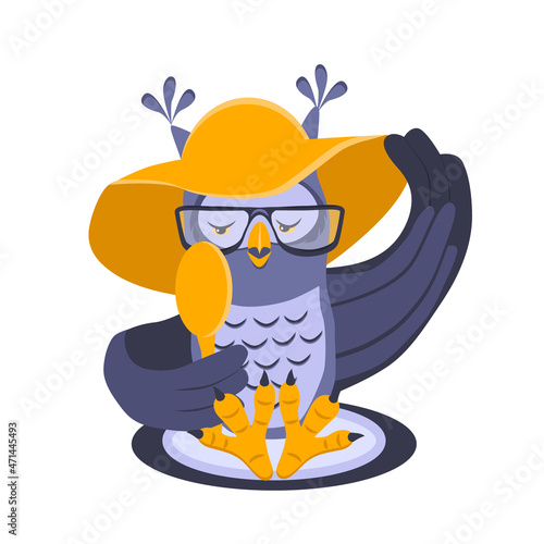 Owl tries on a hat and looks in the mirror. Cartoon vector illustration, design for print, sticker and postcard. Isolated on white background