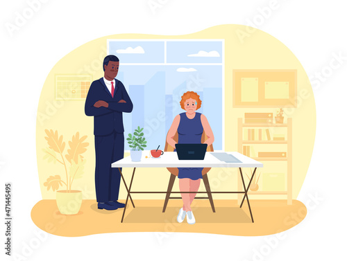 Controlling manager at work 2D vector isolated illustration. Office work problem for employee. Frustated coworkers flat characters on cartoon background. Workplace challenges colourful scene