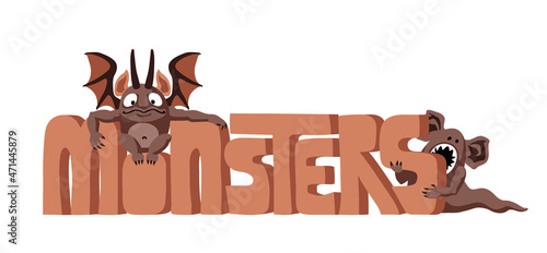 Cute funny gargoyle sitting on a letter and a toothy worm. A fantastic monster, a mythological character. Color vector illustration isolated on a white background in a cartoon and flat design.