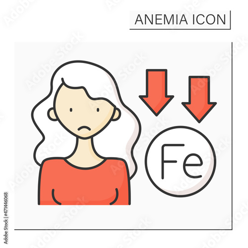 Anemia color icon. Lack of iron in woman immune system. Low life energy.Disease symptom. Health protection concept. Isolated vector illustration