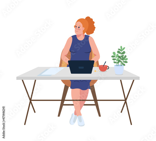 Happy manager at desk semi flat color vector character. Posing figure. Full body person on white. Corporate work isolated modern cartoon style illustration for graphic design and animation