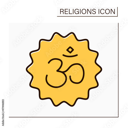 Hinduism color icon.Indian religion and dharma.Philosophical beliefs. Typical positions are karma, samsara, moksha, and yoga. AUM symbol. Religion concept. Isolated vector illustration