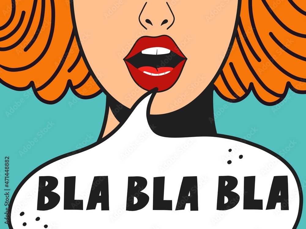Bla bla bla speech bubble vector illustration pop art girl. Woman saying bla  bla bla. Pop art talking woman with colored hair. ilustración de Stock |  Adobe Stock