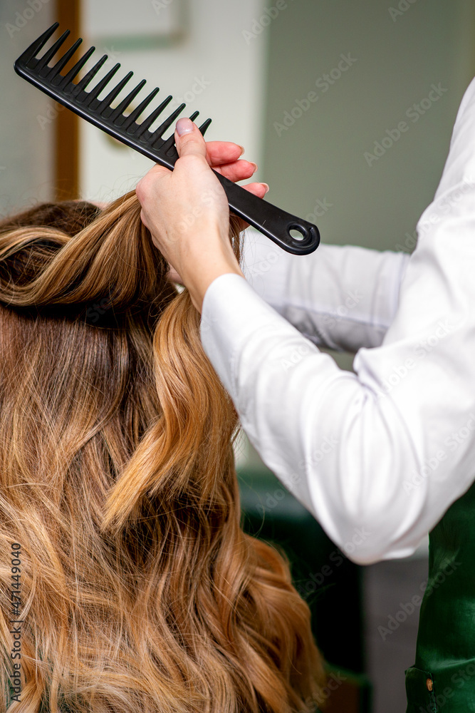 Fototapeta premium A female hairdresser is combing the long brown hair of a young woman at a parlor