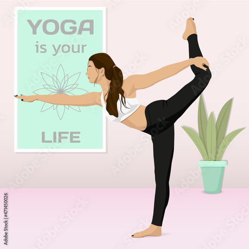 A young girl is doing yoga at the yoga class center. Girl in the style of faceless